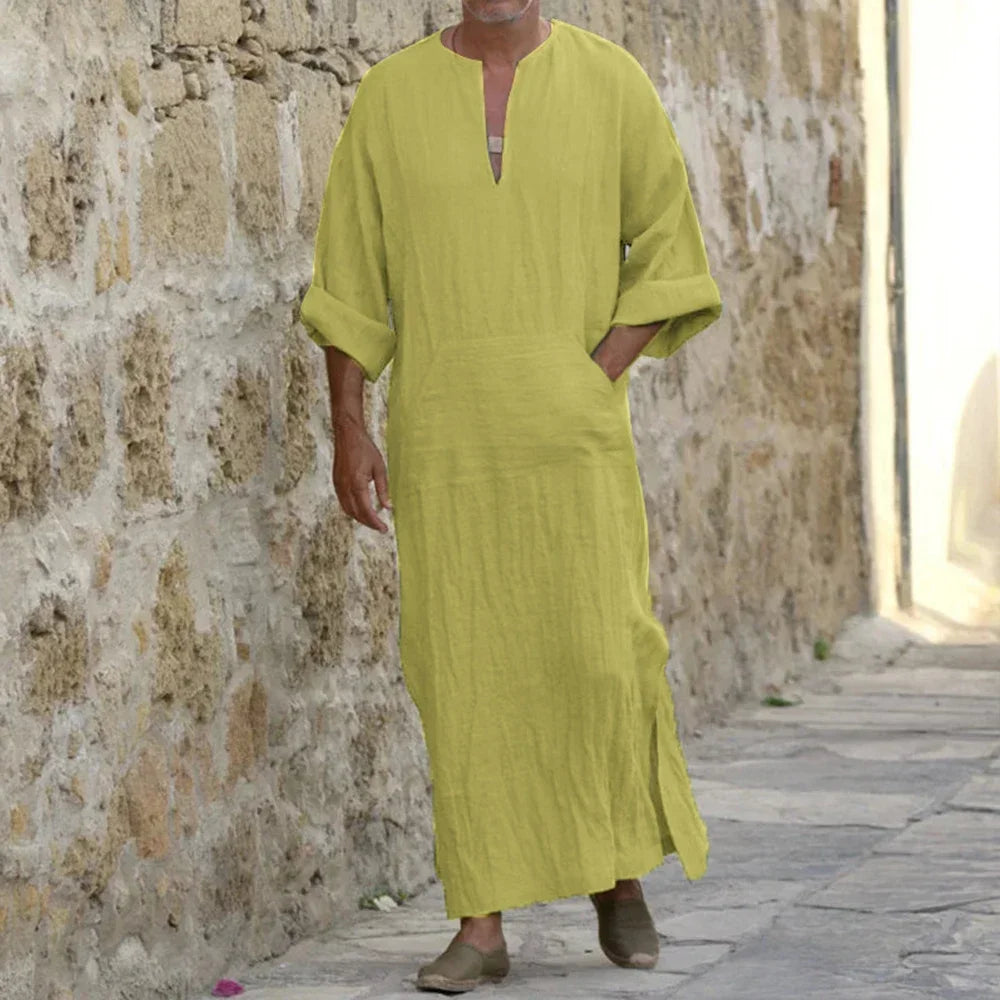 YUFEIDA Men Long Linen Jubba Thobe Kaftan Muslim Arab Islamic V-neck Long Sleeve Solid Cotton Linen Robe Muslim Arabia Man Abaya