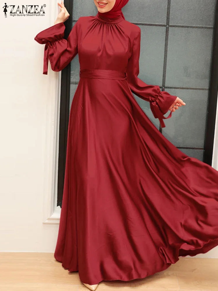 Elegant Muslim Dress Abaya Women Long Dress 2025 ZANZEA Long Sleeve Satin Party Sundress Robe Femme Turkey Hijab Vestidos Kaftan