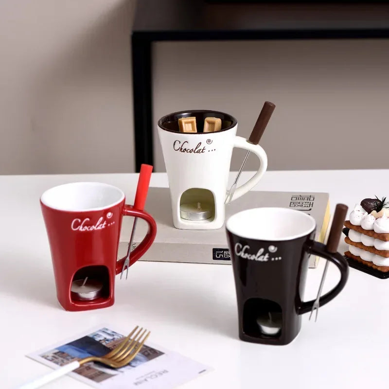 130ML European Candle Cup Cheese Chocolate Melting Ceramic Mug Heating Food Ceramic Mug with Fork Creative Coffee Mug Tableware
