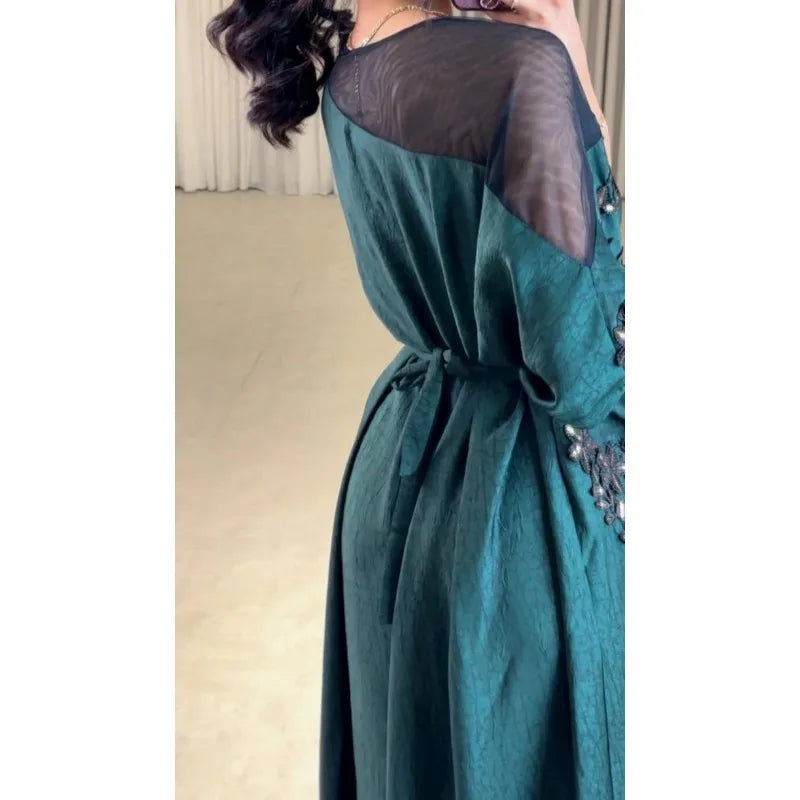 Abaya for Women Floral Lace Ethnic Moroccan Dress Muslim Dubai Attire Islamic Clothes Wedding Eid Ramadan Jalabiya