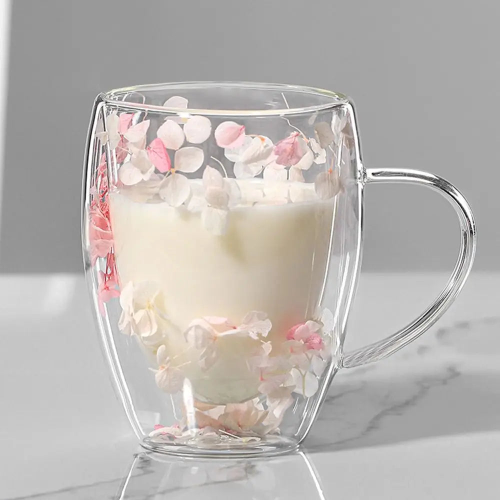 Dried Flowers Double Walled Coffee Mug 350ml Dried Flowers Glass Mugs Unique Creative Flower Mug with Handle Anti-Scalding Mug