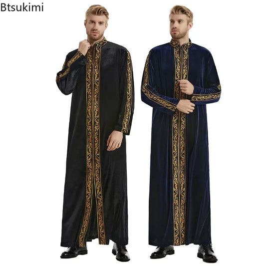 Muslim Men Jubba Thobe Islamic Clothing Velvet Kaftan Thoub Arabic Saudi Robe Dress Jubah Caftan Thawb Ramadan Gown Middle East