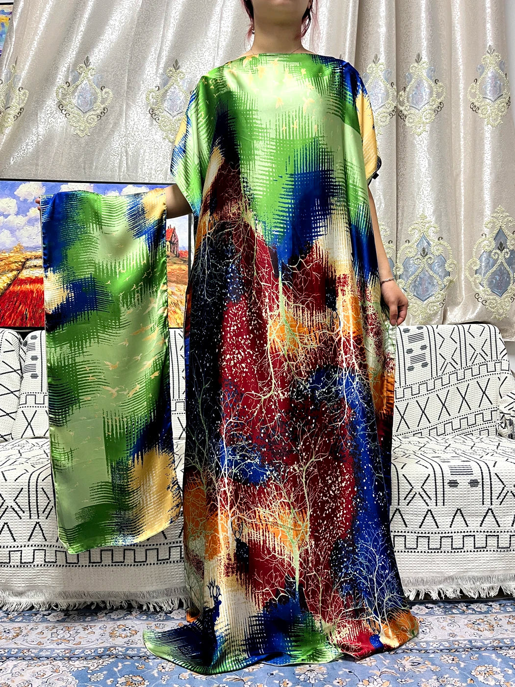Abayas For Women 2023 Printed Silk Soft Loose Femme Robe Muslim Summer Fashion Clothing African Islam Woman Dresses With Turban