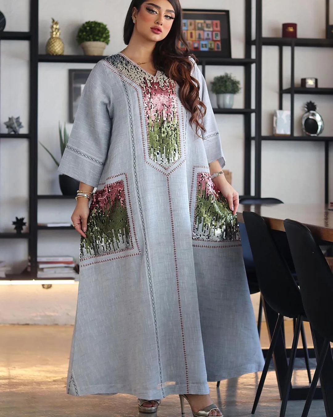 Eid Muslim Party Dress for Women Abaya Sequins Maxi Evening Long Dresses Jalabiya Morocco Dubai Abayas Kaftan Vestidos Long Robe