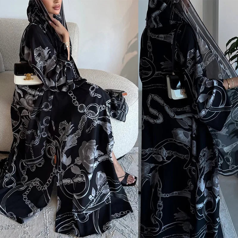 Fashionable Printed Two-Piece Set Large Robe Muslim Middle East Dubai Ethnic Style Outerwear Abaya Open Cardigan Polyester Fa...