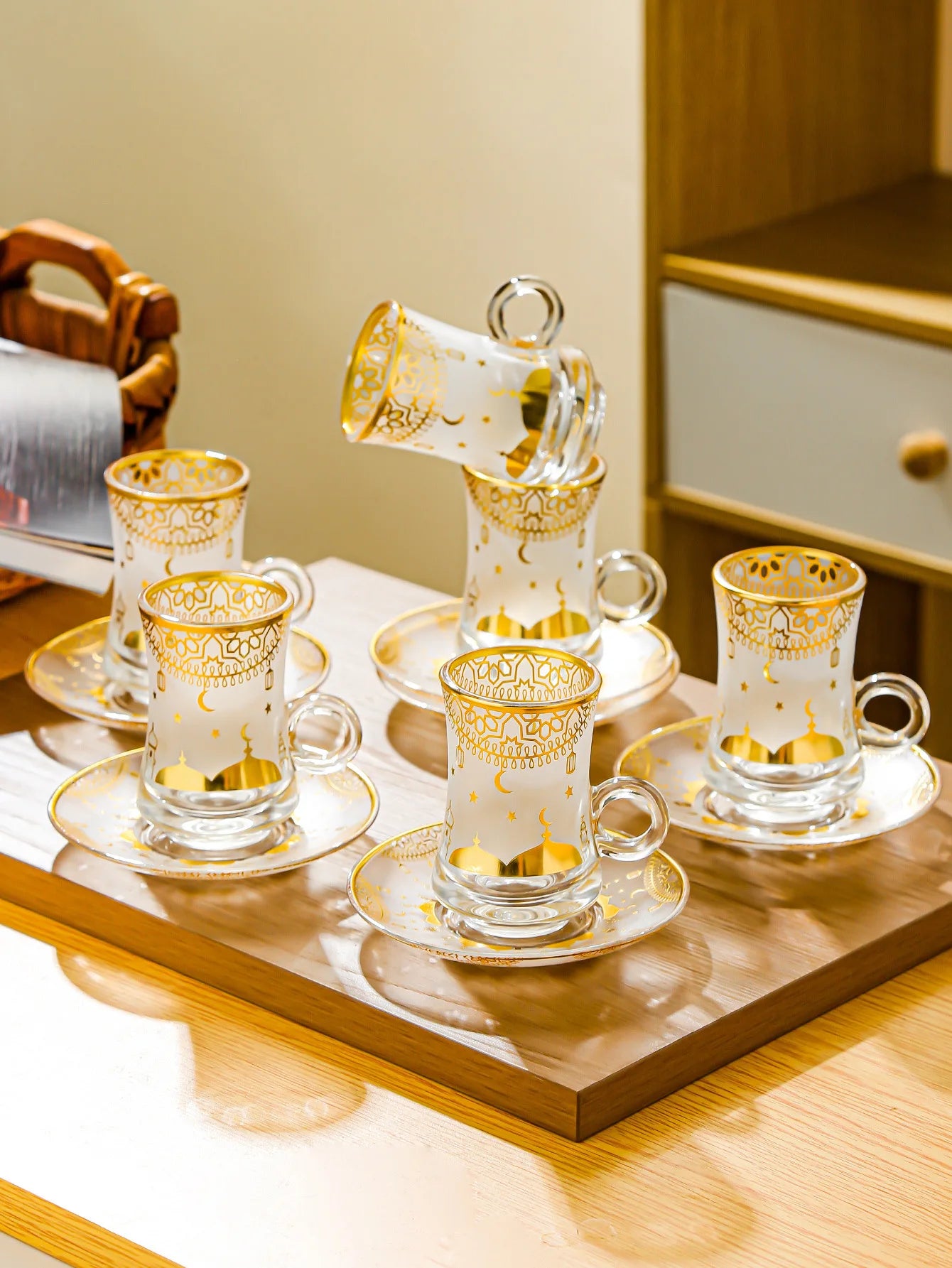 6 Pack Creative Transparent Glass Mug Hot Gold Embossed Flower Glass Coffee Latte Mug