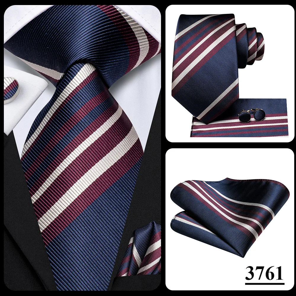 Hi-Tie Men Fashion Striped Navy Blue Necktie Handkerchief Cufflinks for Tuxedo Accessory Classic Silk Luxury Tie for Man Gift