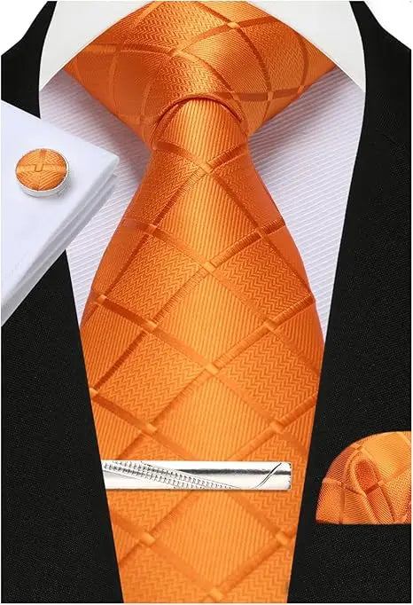 100% Silk Ties for Men Plaid & Checks Tie Clip Handkerchief Woven Classic Men's Necktie Pocket Square Set Formal Wedding Ties