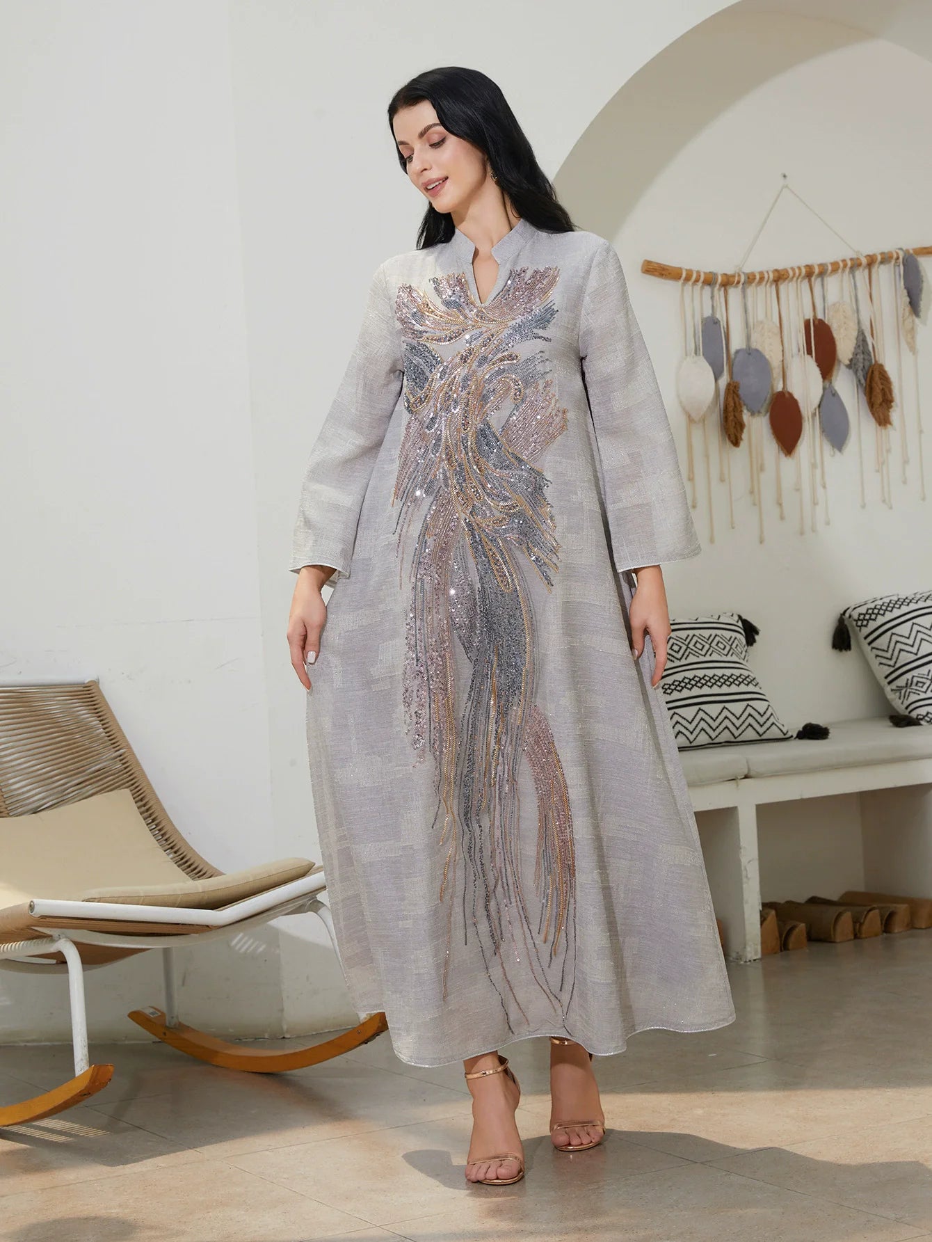 Middle East Dubai Saudi Arabia Muslim Luxury Fashion Islamic Ramadan Women's Dress Mesh Bead Heavy Industry Abaya Robe
