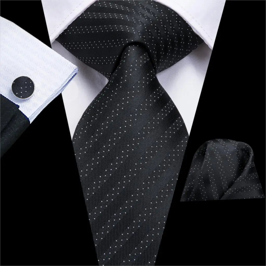 Hi-tie Design Black Solid Dot Silk Wedding Tie For Men Hanky Cufflink Gift Men Necktie Gravata Set Fashion Business Dropshipping