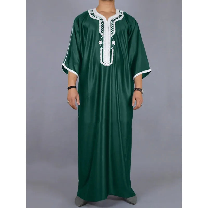 Men's Loose Abaya Short Sleeve Embroidered Moroccan Arabic Style Islamic Traditional Muslim Clothing for Men
