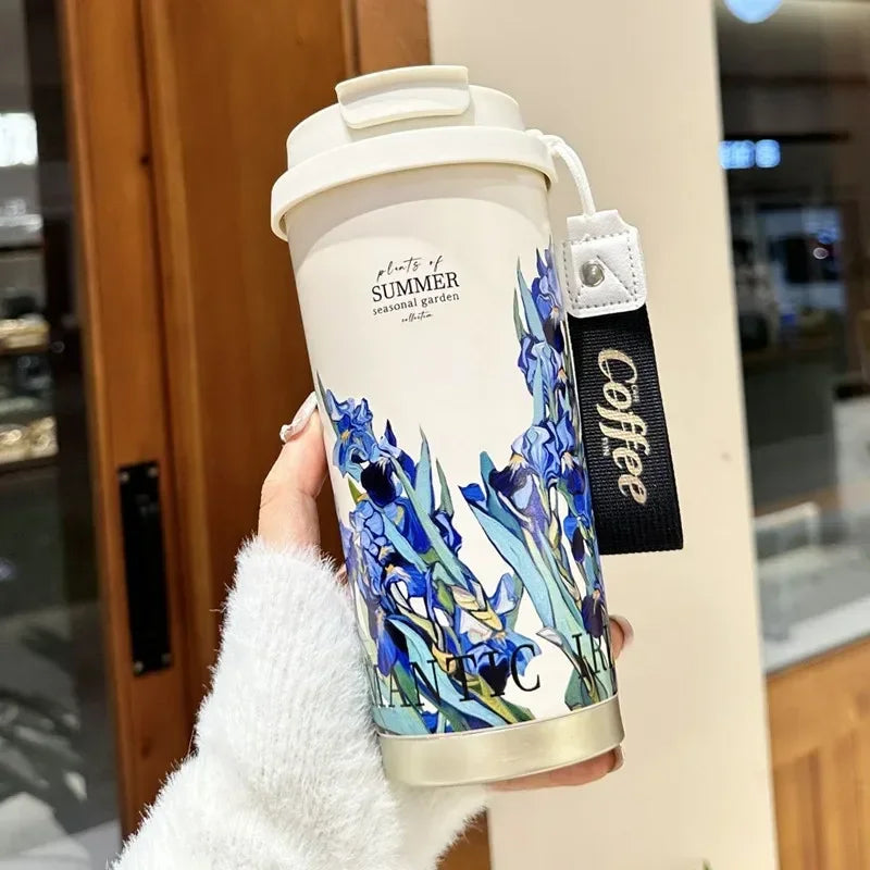 Coffee Mug Woman 500ml ，Stainless Steel Vacuum Flask with Straw and Thermal Cup for Drinking Directly