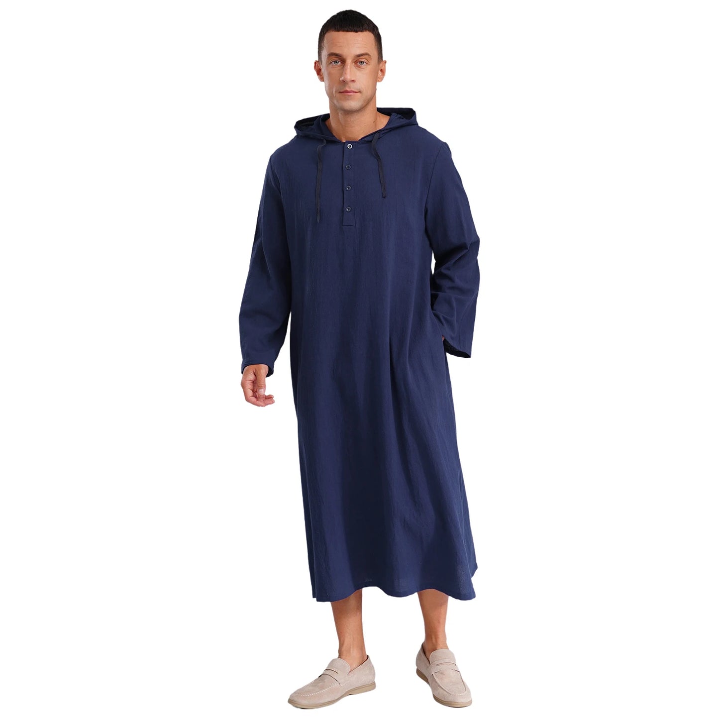 Mens Jubba Thobes Linen Muslim Robe Hooded with Pockets Middle East Islam Arabic Moroccan Kaftan Eid Prayer Long Robe Dress