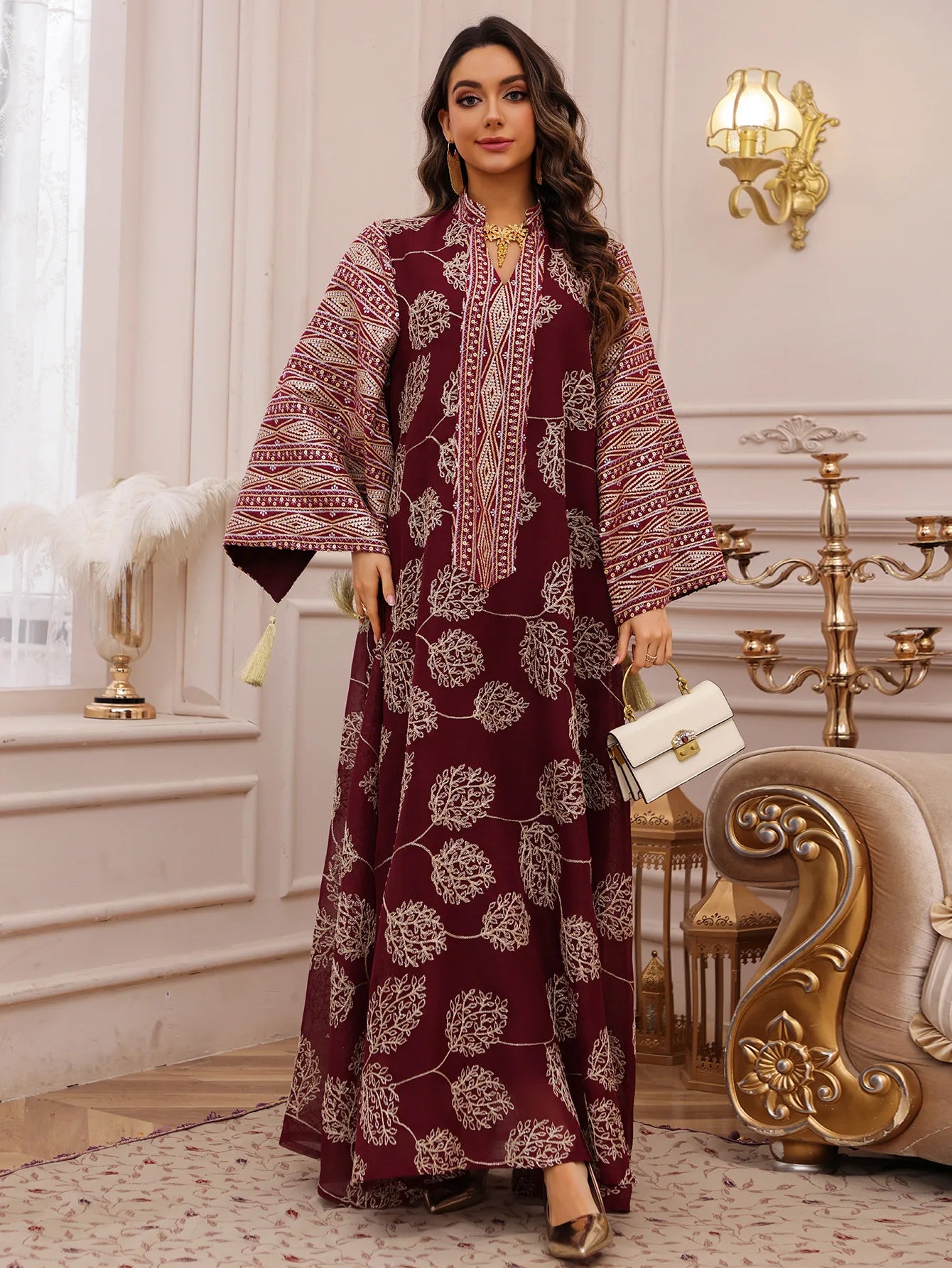 Elegant Light Green Abaya for Islamic Ladies Intricate Gold Embroidery and Tassel Accents Perfect for Festivities in Middle East