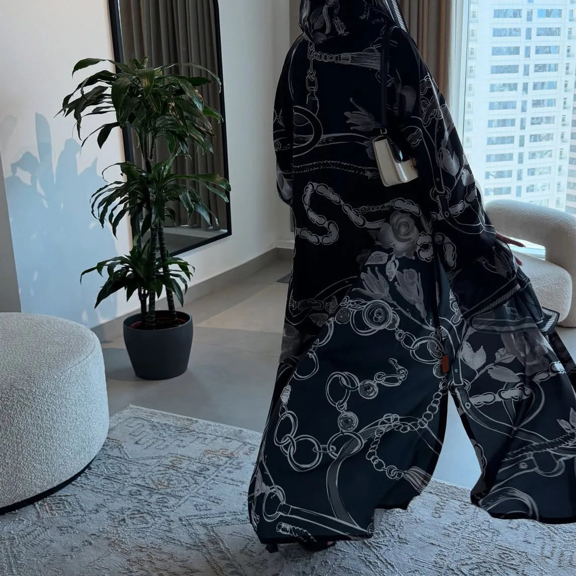 Fashionable Printed Two-Piece Set Large Robe Muslim Middle East Dubai Ethnic Style Outerwear Abaya Open Cardigan Polyester Fa...