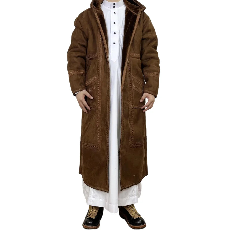 Eid Djellaba Jubba Thobe Saudi Arab Winter Thick Warm Faux Fur Men Muslim Kimono Cardigan Hooded Coat Kaftan Abaya Islam Clothes