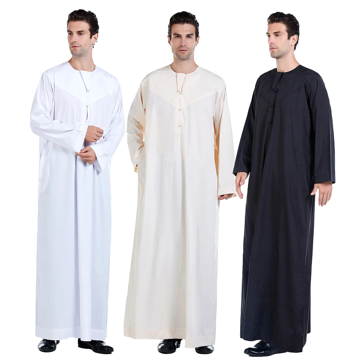 TH817 Men's Muslim Middle Eastern Men Long Sleeves Pure Color Handmade Buckle Robe Ramadan Eid Jubba Thobe