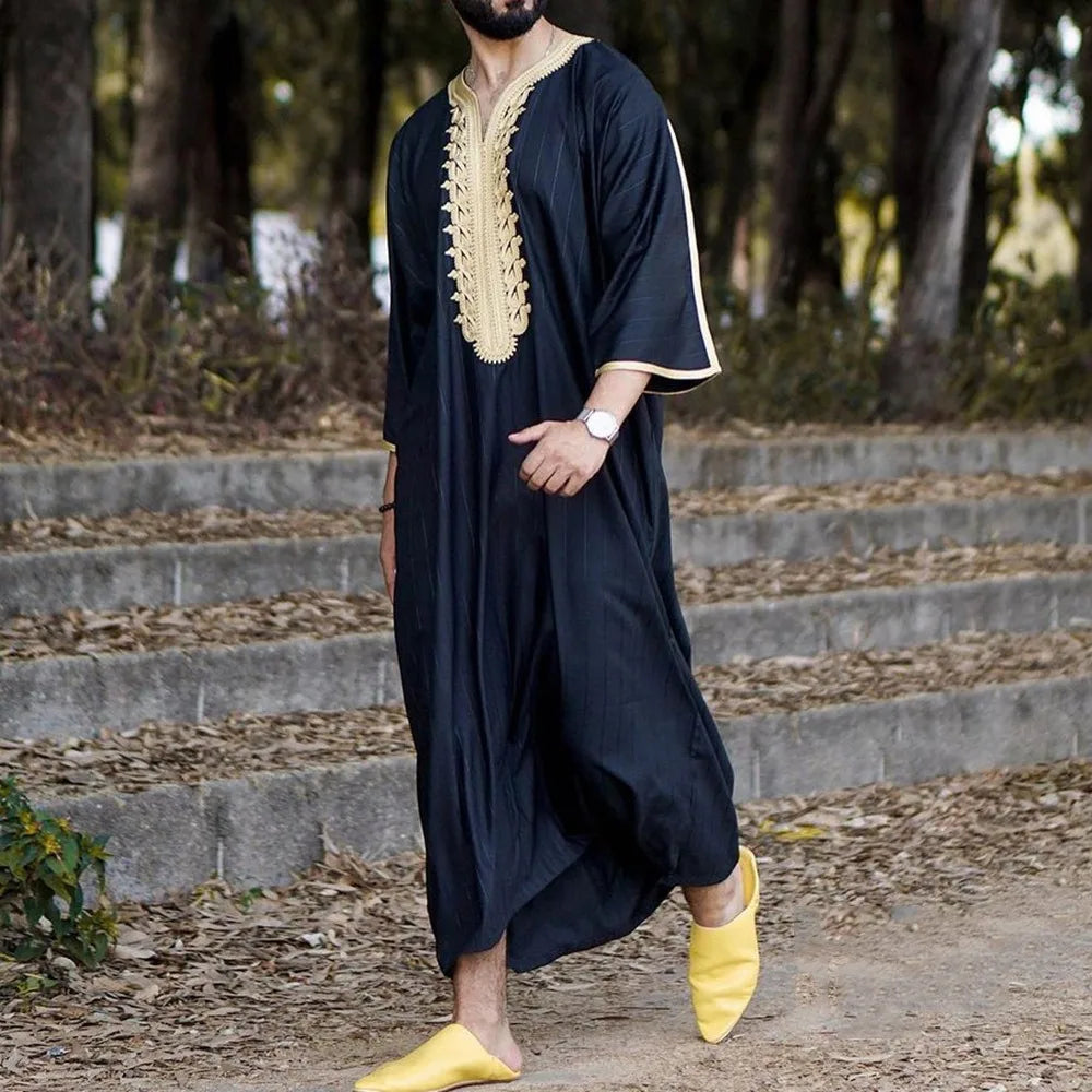 Men's Arabian Thobe - Summer V-Neck Short Sleeve Robe, Loose Fit Muslim Islamic Clothing for Casual Wear