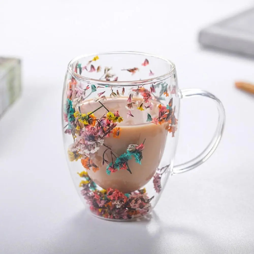 300ML Double-Wall Flower Glass Coffee Mug High Borosilicate Transparent Tea Milk Drinking Cup with Dry Flower Design for Gifts