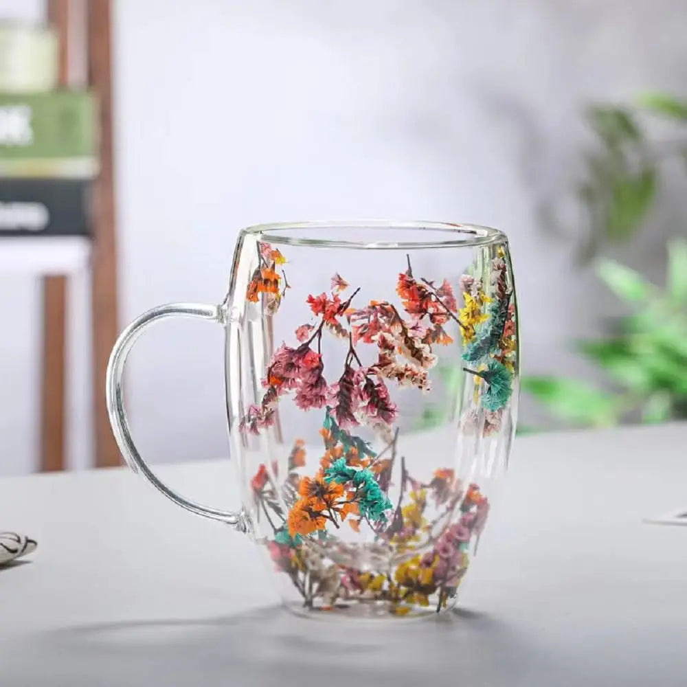 300ML Double-Wall Flower Glass Coffee Mug High Borosilicate Transparent Tea Milk Drinking Cup with Dry Flower Design for Gifts