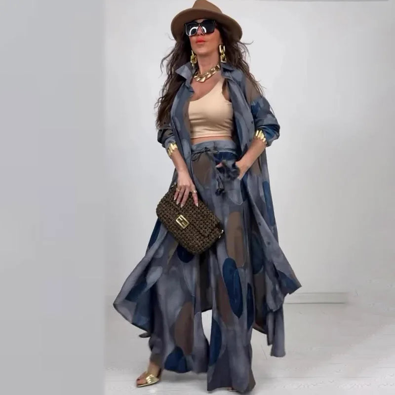 Eid Muslim Suits Women Print Blouses Wide Leg Pants Set Two Piece Musulman Ensemble Dubai Arabic Morocco Islam Casual Ramadan