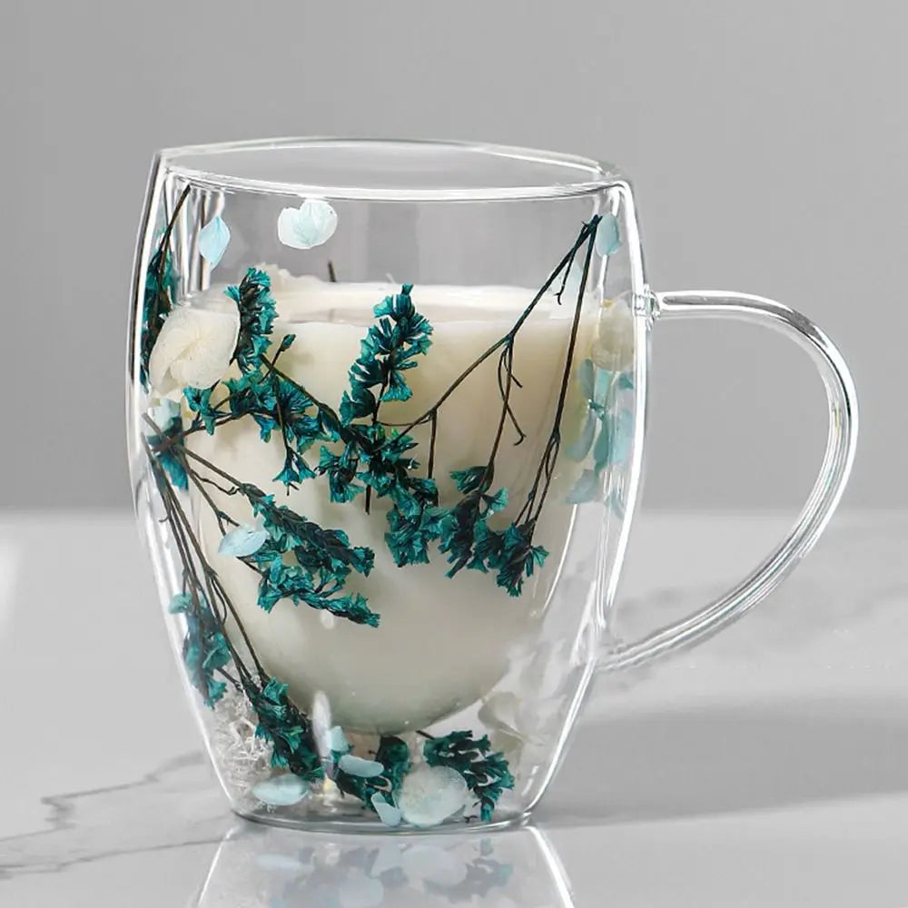 Dried Flowers Double Walled Coffee Mug 350ml Dried Flowers Glass Mugs Unique Creative Flower Mug with Handle Anti-Scalding Mug