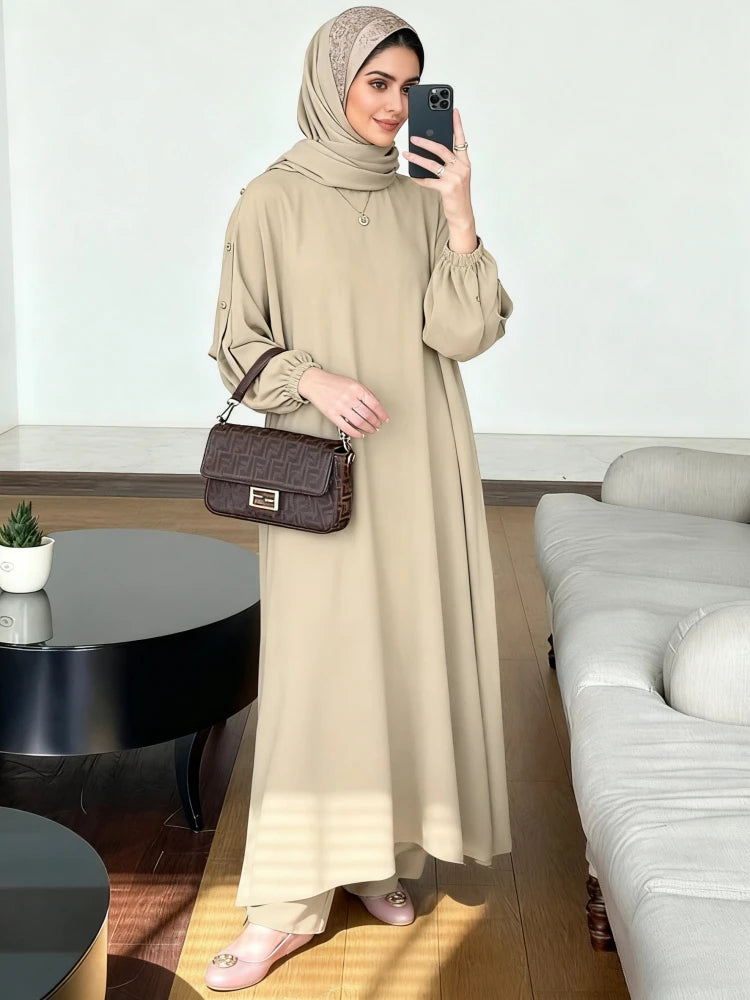 Blouse 2 Piece Set Muslim Set Dress Women Long Sleeve Abaya Shirt Wide Leg Pant Suits Arabic Dubai Dresses Musulman Ensembles