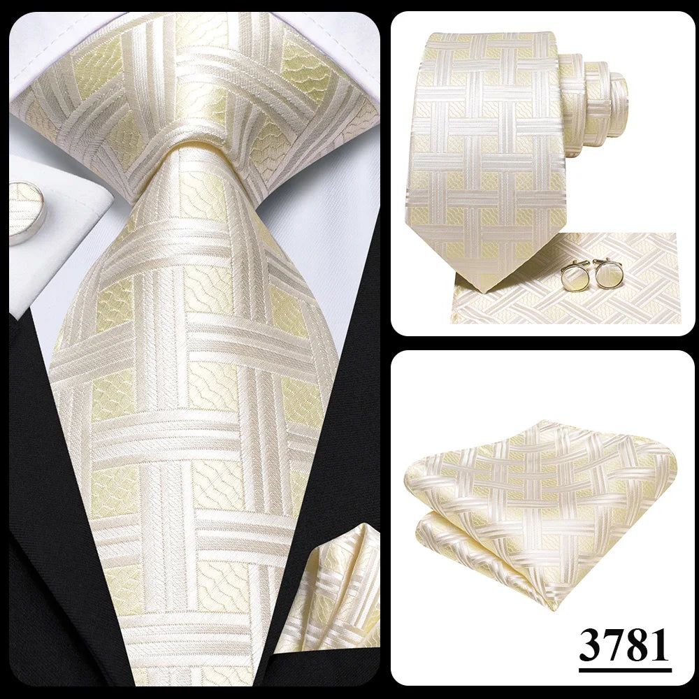 Hi-Tie Fashion 8.5cm Black Plaid Dots Men's Elegant Tie Handkerchief Cufflinks Set Wedding Party Accessories Gift for Men Gravat