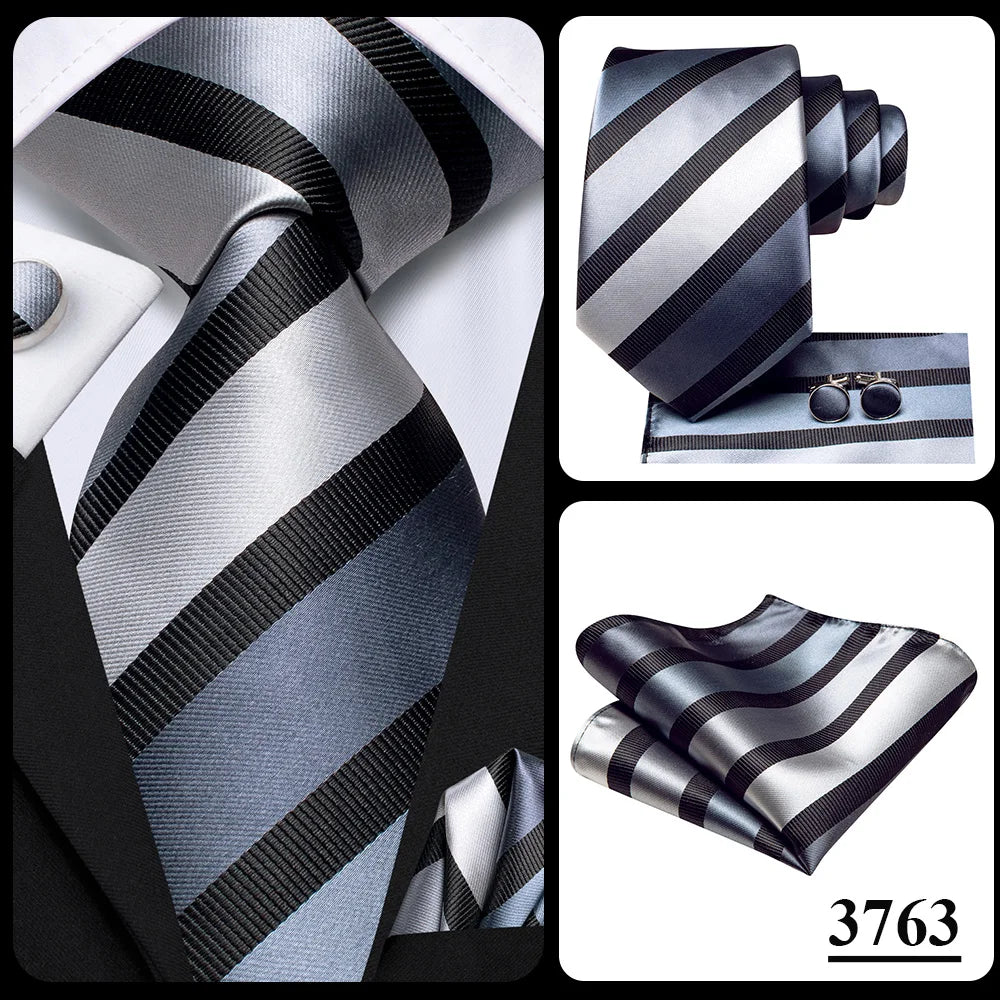 Hi-Tie Men Fashion Striped Navy Blue Necktie Handkerchief Cufflinks for Tuxedo Accessory Classic Silk Luxury Tie for Man Gift