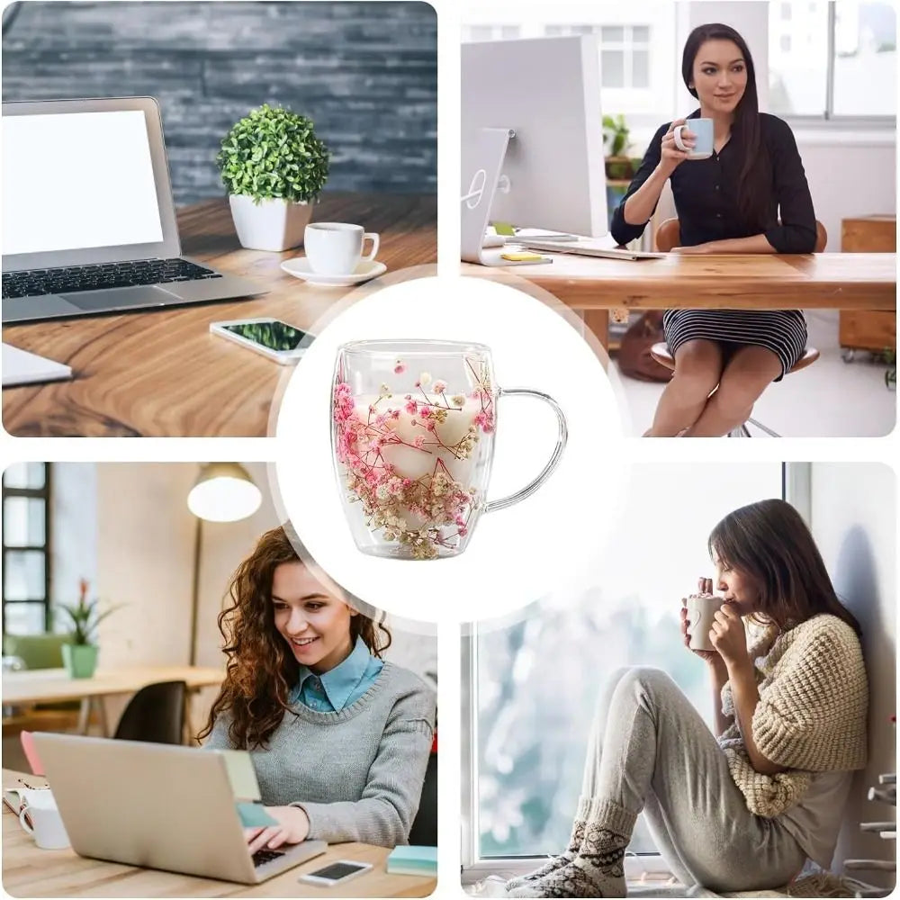 Creative 350ml Dried Flowers Glass Mugs Heat Resistant Gypsophila Double Wall Glass Cup with Handle Coffee Mug Home&Office