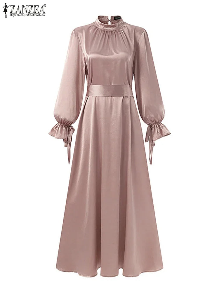 Elegant Muslim Dress Abaya Women Long Dress 2025 ZANZEA Long Sleeve Satin Party Sundress Robe Femme Turkey Hijab Vestidos Kaftan