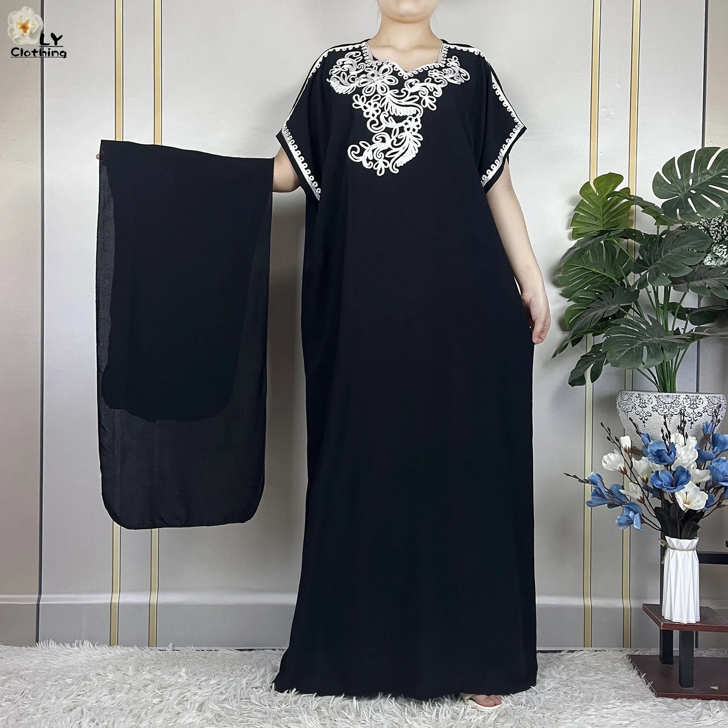 2023 African Abayas For Women Short Sleeve Summer Solid Color Loose Femme Robe Maxi Muslim Elegant Woman Dresses With Turban