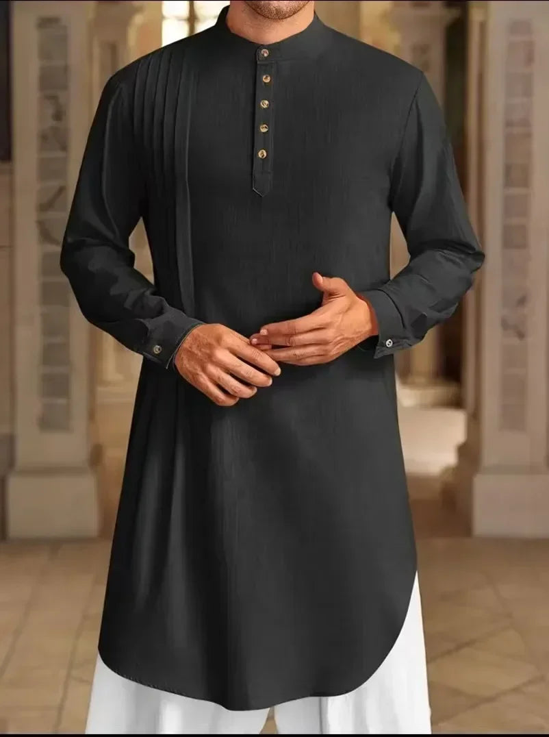 2025 New Muslim Middle East Arab Malaysia Men's Button Cotton Line Shirt Muslim Robe