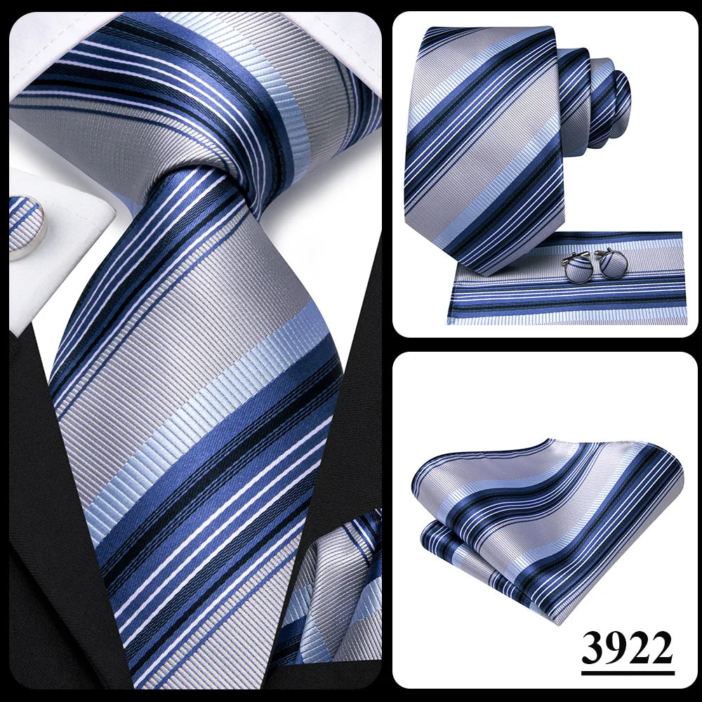 Hi-Tie Men Fashion Striped Navy Blue Necktie Handkerchief Cufflinks for Tuxedo Accessory Classic Silk Luxury Tie for Man Gift
