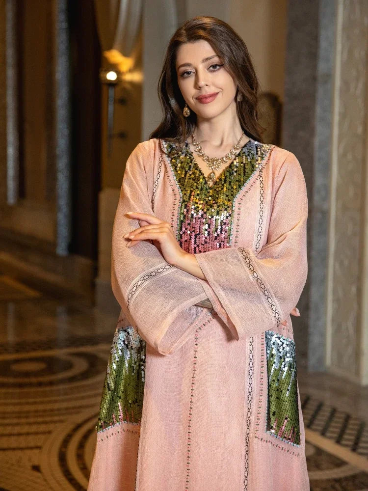 Eid Muslim Party Dress for Women Abaya Sequins Maxi Evening Long Dresses Jalabiya Morocco Dubai Abayas Kaftan Vestidos Long Robe