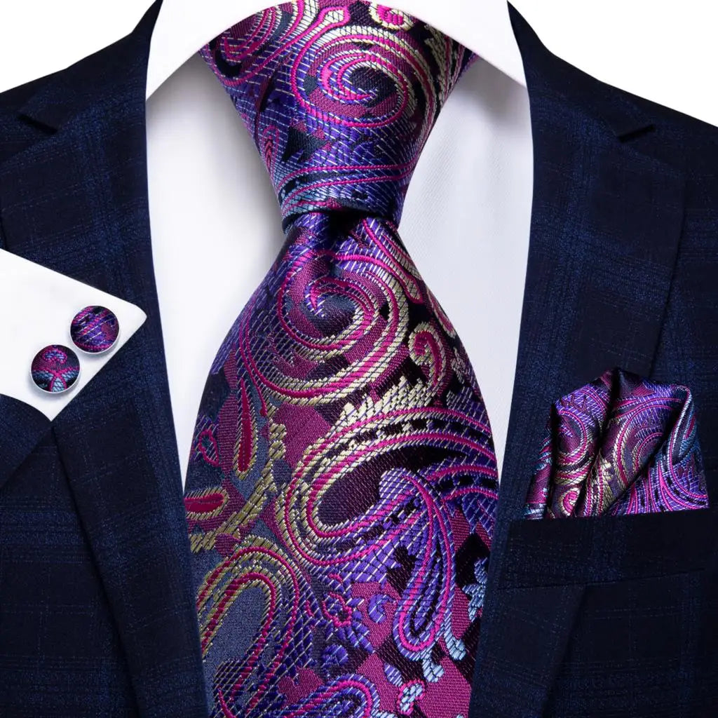 Hi-Tie 100% Silk Luxury Mens Ties Floral Black Gold Ties Paisley NeckTie Pocket Square Cufflinks Set Men's Wedding Party Tie