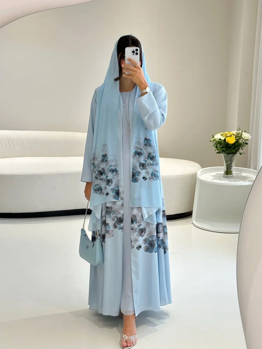 Muslim Women Arabic Dubai Abaya Chiffon Print Kimono Cardigan Long Dress With Hijab Modest Kaftan Robe Femme Islamic Clothing