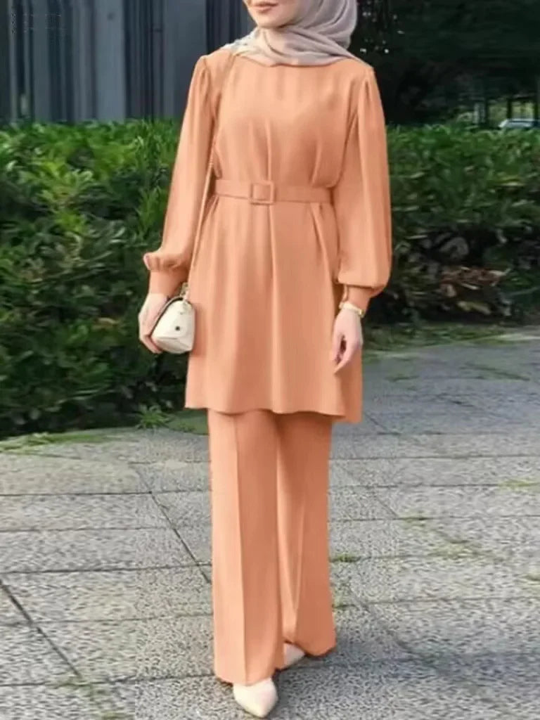Arab Women Eid Muslim Two Pieces Set Lace-up Blouse & Pant Musulman Ensemble Belt Matching Sets Button Shirt Femme Abaya Ramadan