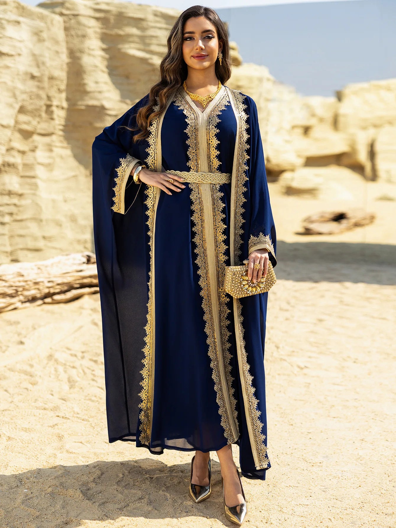 Eid Women Abaya Dress Muslim 2 Piece Set Cardigan with Inner Dress Lace-up Robe Caftan Robe Jalabiya Ramadan Morocco Kaftan 2025