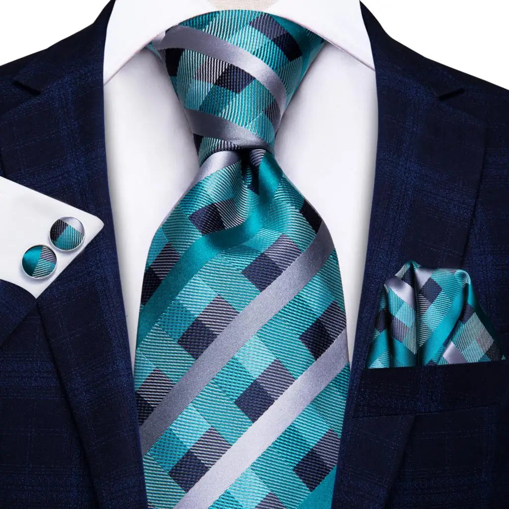 Hi-Tie Plaid Silk Tie For Men Elegant Mens Blue Grey Necktie Pocket Square Cufflink Groom Wedding Accessory Wholesale Designer