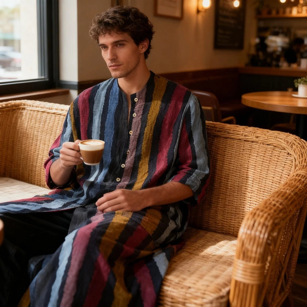 Arab Men's Robe Shirt Long Sleeved Striped Printed T-shirt Muslim Cotton Robe Suitable for Daily Wear and Cultural Activities