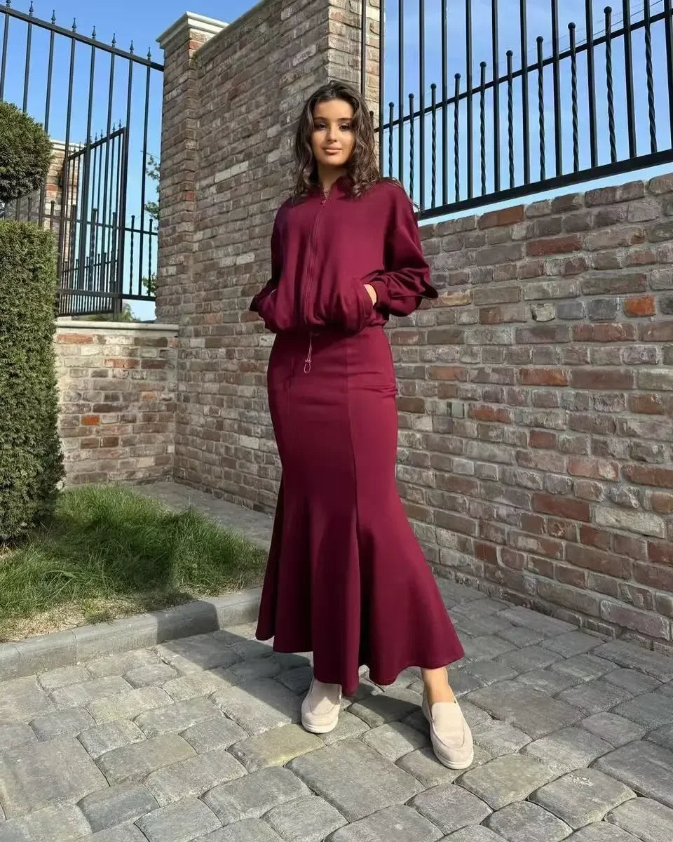 Women 2 Piece Set Coat Long Skirt Suit Zipper Jacket Morocco Dubai Islam Casual Ensemble Muslim Femme 2025 Skirts Outfits