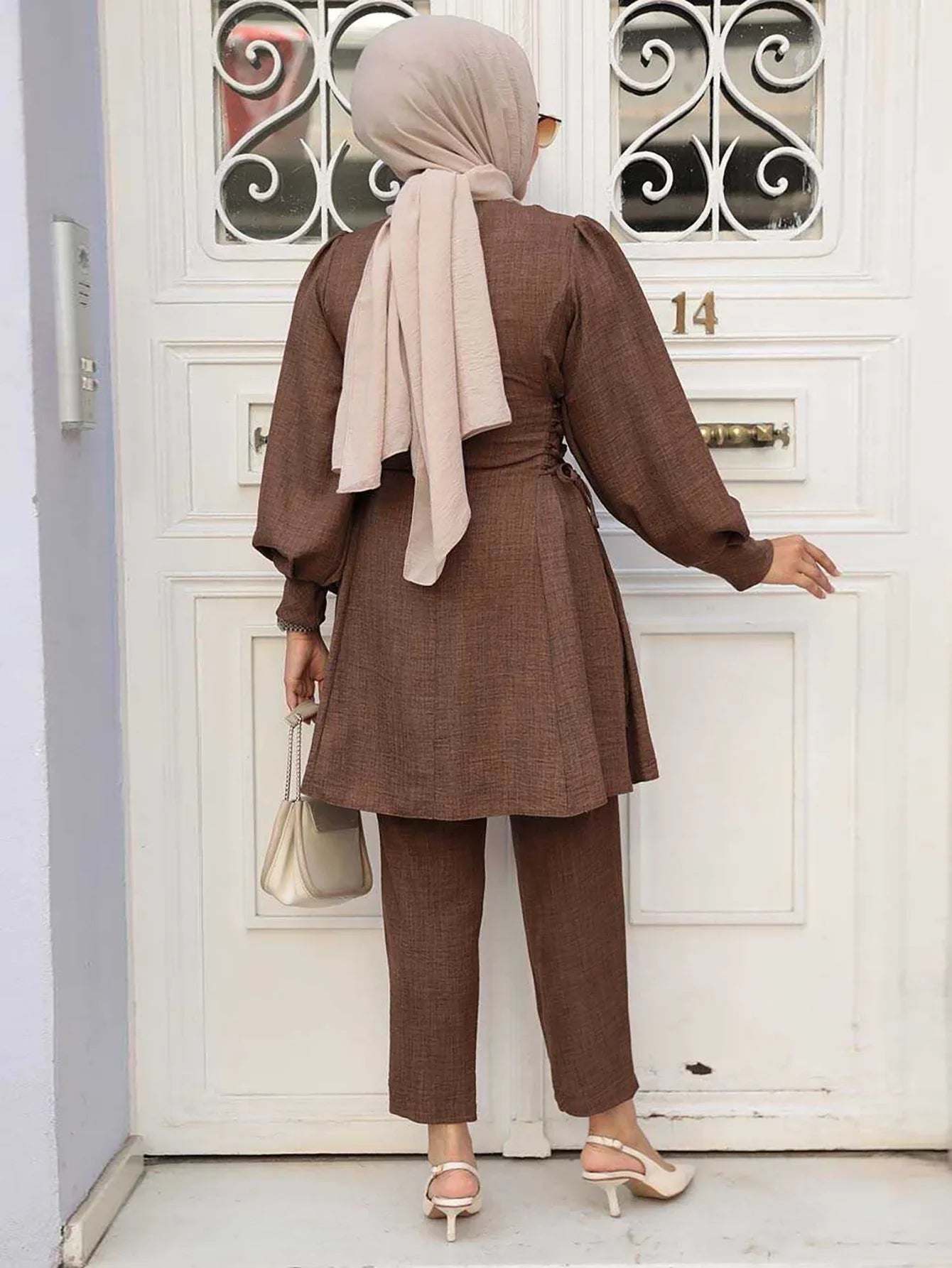 Muslim Women 2 Piece Set Women Lace Up Long Top Shirt Straight Pants Suit Ramadan Morocco Dubai  Ensemble Trousers Arabic Outfit