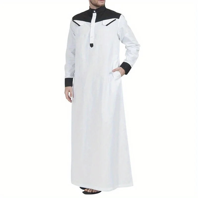 Southeast Asian Muslim Men's Thobe - Color Block Long Sleeve Robe with Mandarin Collar, Traditional Islamic Prayer Dress