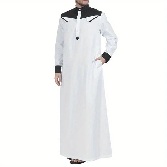 Southeast Asian Muslim Men's Thobe - Color Block Long Sleeve Robe with Mandarin Collar, Traditional Islamic Prayer Dress