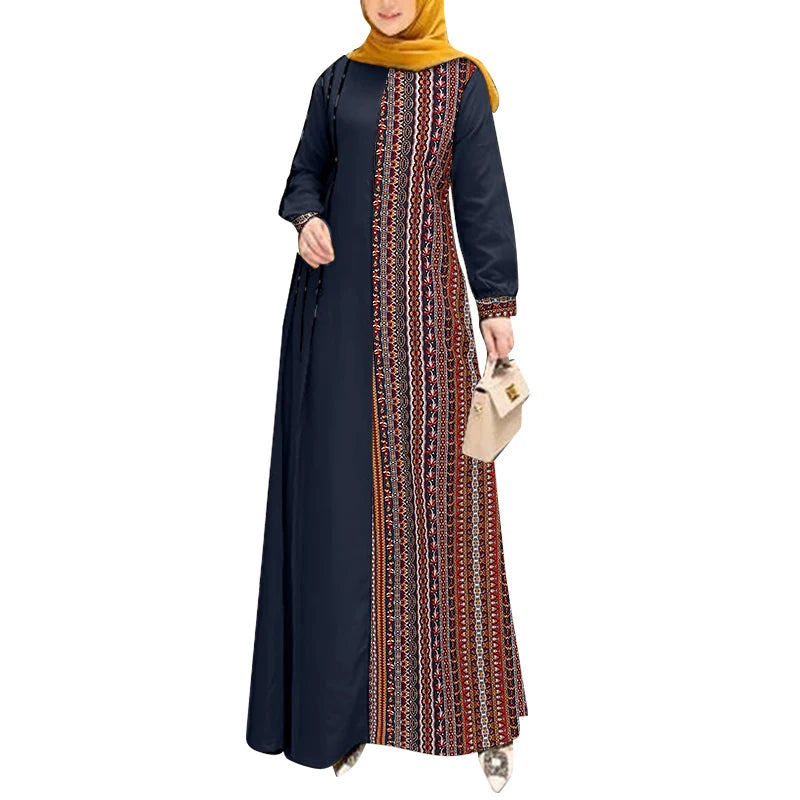 ZANZEA Women Ethnic Printed Panels Maxi Dress Long Sleeve Hijab O Neck Muslim Islamic Patchwork Vestidos Loose Casual Abaya Robe