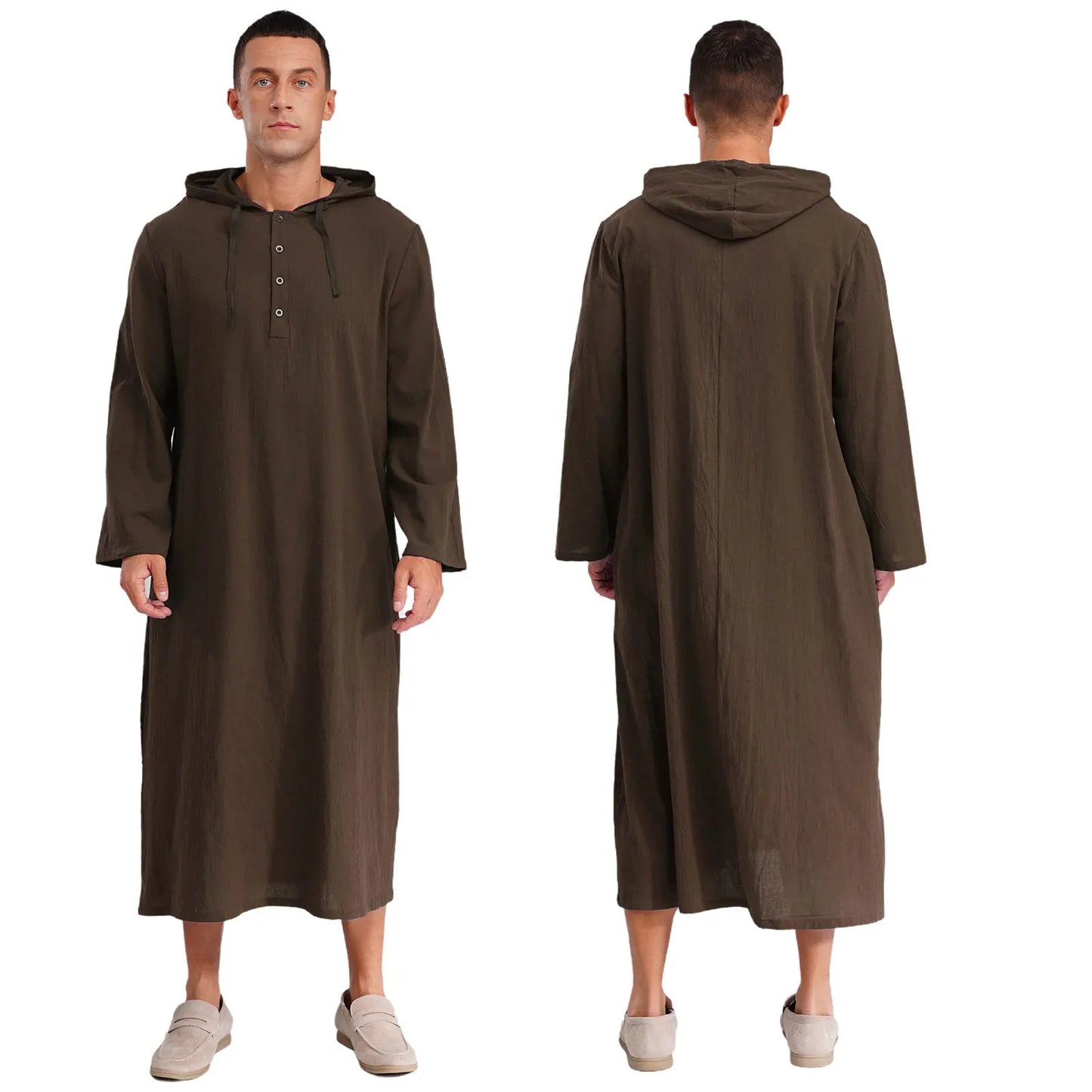 Mens Jubba Thobes Linen Muslim Robe Hooded with Pockets Middle East Islam Arabic Moroccan Kaftan Eid Prayer Long Robe Dress