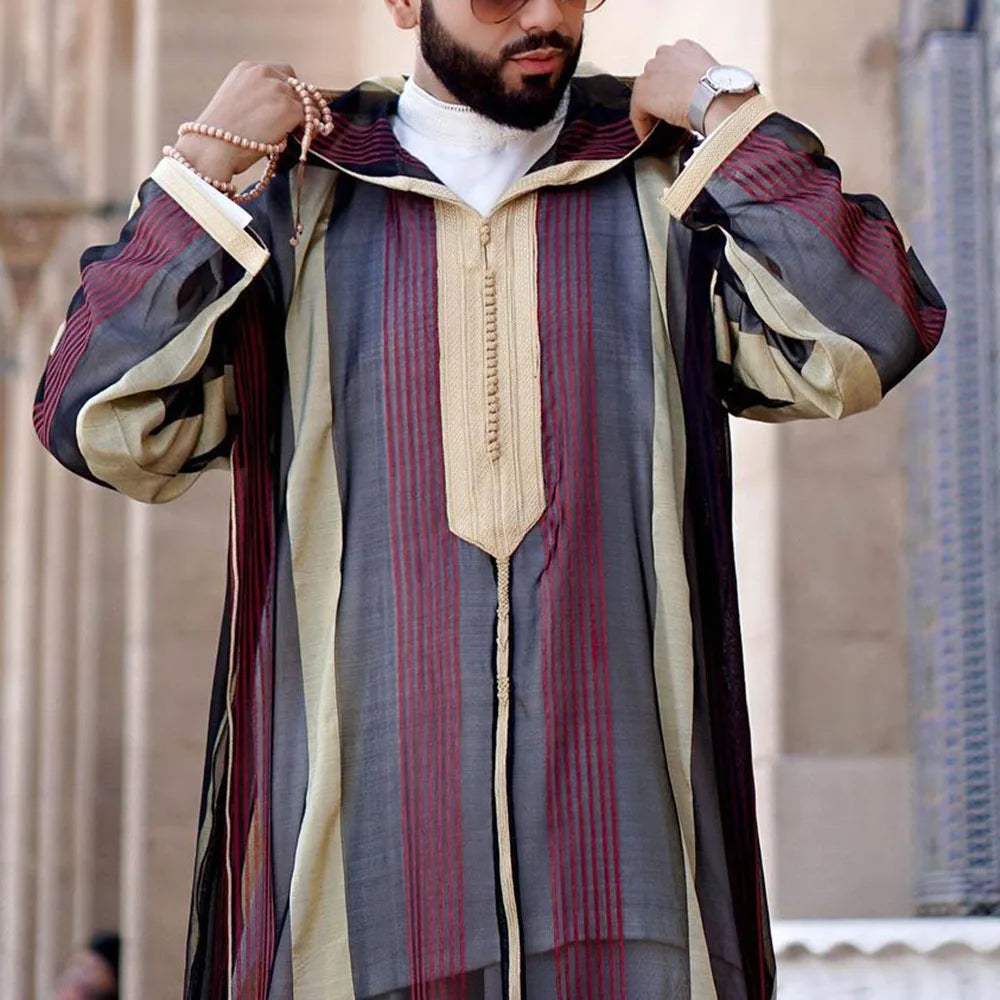 New Muslim Jubba Thobe Clothes Men Hoodie Ramadan Spring Autumn Abaya Dubai Turkey Islamic Clothing Male Casual Loose Red Stripe