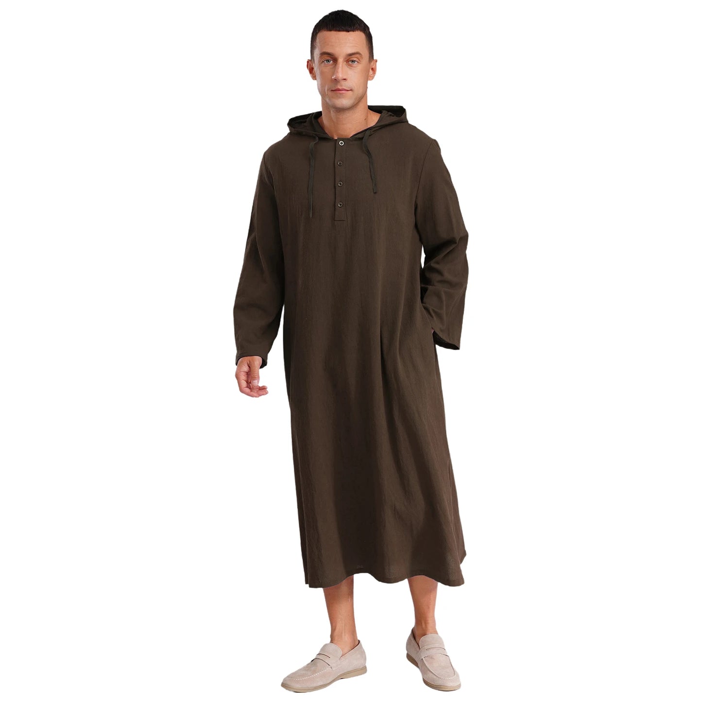 Mens Jubba Thobes Linen Muslim Robe Hooded with Pockets Middle East Islam Arabic Moroccan Kaftan Eid Prayer Long Robe Dress