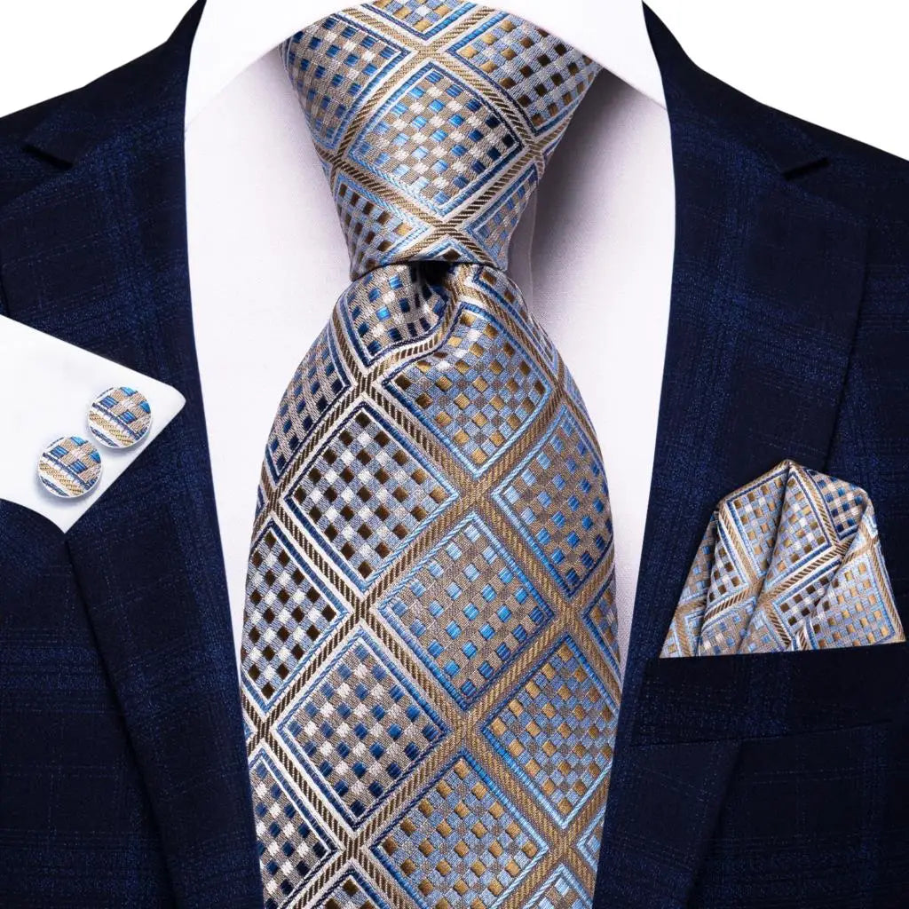 Hi-Tie Mens Ties Luxury Handmade Geometric Necktie Silk Woven Tie Set For Men Business Wedding Neck Tie Square Cufflinks